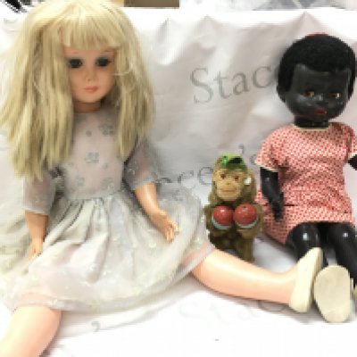 Two vintage dolls Pedigree & Semco and a German clockwork monkey . This lot cannot be posted