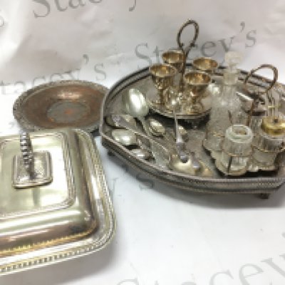 A collection of silver plated items including cutlery, a tray , cut glass condiment jars etc. this lot cannot be posted