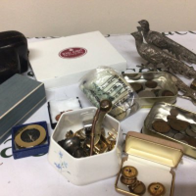 A collection of oddments comprising coins four 12carat gold filled brooches camera a Bosons whistle and other ornaments.