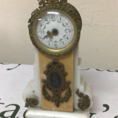 A French white marble clock with gilt metal punts for restoration. Hight 22cm- NO RESERVE