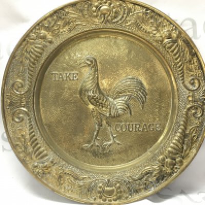 A vintage brass take courage embossed tray , 36cm wide. postage catB