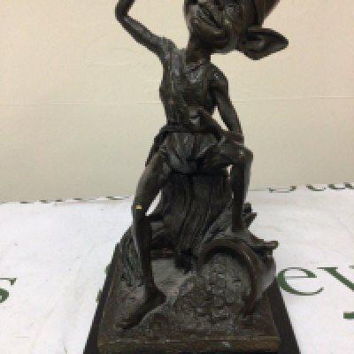 A 20th Century bronze figure of a Hoblin seated on a tree trunk with a marble base attributed to Julian Jeffery (b1973) Height 26cm.