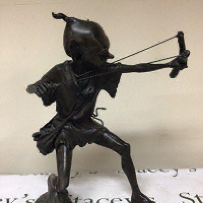 A quality 20th century bronze of a Hoblin with a catapult by Julian Jeffrey (b1973) signed base and a very well documented example of the sculptures by Julian Jeffery. Hight 55cm