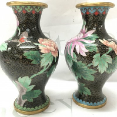 A pair of Cloisonne Japanese vases , 18cm tall. Postage category B