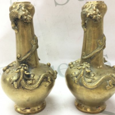 Two Chinese bronze vases with dragons , 17.5cm tall approximately. Postage category B