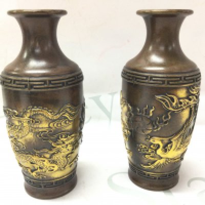 Two Chinese bronze Dragon and Phoenix vases with four character marks at base, 15cm tall. Postage category B