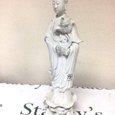 A Chinese blanc de chine Porcelain figure of Guan Yin the goddess of Mercy damage to the base. Height 41cm.- NO RESERVE