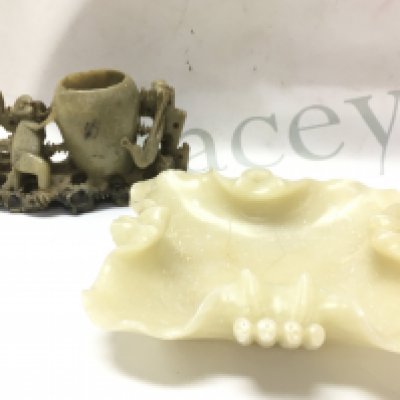 Chinese carved soap stone including a lotus tray (14cm wide) and a carved monkey with vase brush pot( 7cm tall) and red cinnabar lacquered box (7cm tall 15cm wide) .This lot cannot be posted