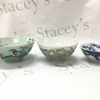 Three Chinese porcelain bowls including a Famille Rose Animal dish, Famille Rose landscape bowl and a blue and white bowl (chips seen) .12,15,16cm wide . This lot cannot be posted