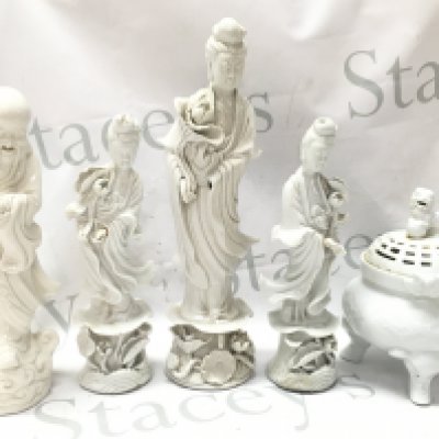 Chinese Blanc De Chi figures and a fu dog incense burner . This lot cannot be posted