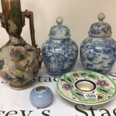 A Soho pottery dish a pair of Japanese blue and white vases (damaged) a Vase with raised flowers and a small Copenhagen pot.- NO RESERVE