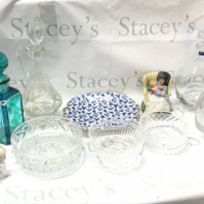 A collection of cut glass decanters and bowls including a Villeroy & Boch decanter, Royal Doulton Sweet dreams figure, Victorian Minton blue floral plate. This lot cannot be posted- NO RESERVE