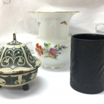 A Rosenthal limited edition vase, KMP floral vase and a painted Wood Treen and cover . This lot cannot be posted