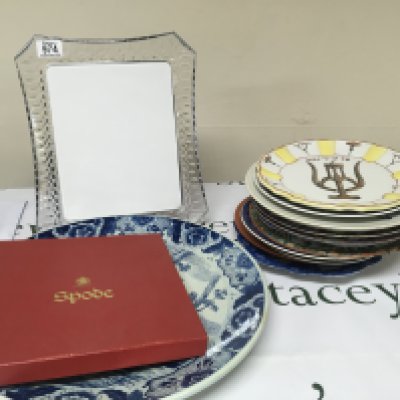 A Waterford cut glass picture frame a quantity of boxed cut glass and a quantity of decorative plates and a blue and white Royal Doulton jug.