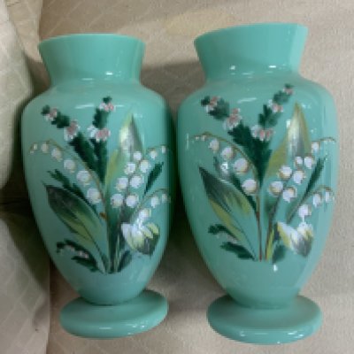 A pair of Victorian opaline glasses vases with enamel decoration.