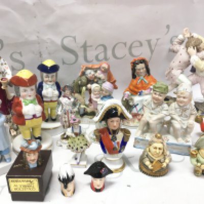 A collection of classical porcelain figures including German examples, pot-belly caricatures of Queen Victoria and Napoleon Bonaparte, Staffordshire figures etc. this lot cannot be posted