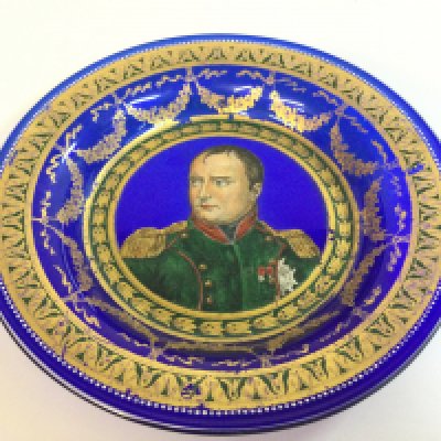 A French second empire period enamel gilt decorated blue glass dish depicting a portrait of Napoleon with applied French marks 3 E.P.G