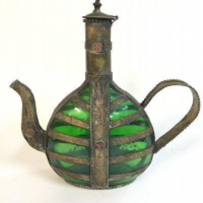 Islamic green glass decanter metal inlaid , 25cm wide 25cm tall