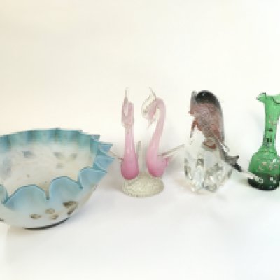 Art glass coloured Ceramics including a dolphin figure, green glass vases etc