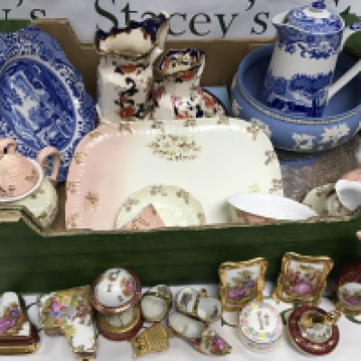 A box of ceramics comprising Masons jugs, a Victorian tea set, blue and white tableware etc. Shipping category D.