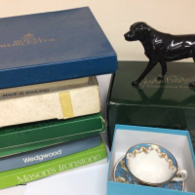 A Boxed Beswick Connoisseur model of a black Labrador dog. boxed Royal Collection cup and saucer Wedgwood and Masons collectors plates.