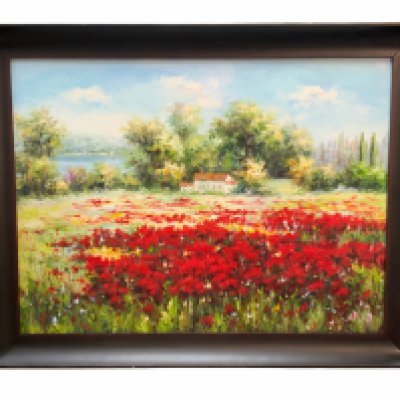 A modern framed, hand-painted oil on canvas painting depicting a vibrant poppy field landscape, possibly Tuscany. 140cm x 110cm.