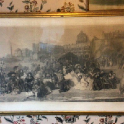A collection of Victorian and later prints and pictures including early Steam ships other Prints Life at Ramsgate after William Powell Frith RA The Rent Day a framed print The Dukes Birthday figures painting a pub sign and others.