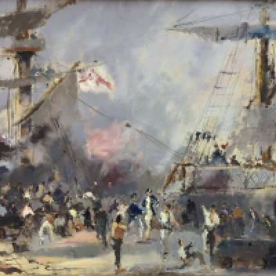 Victor William Ellis, (Vic Ellis) 1921-1984, oil on canvas painting depicting the Battle of Trafalgar. Canvas 76cm x 51cm, with frame 94cm x 68cm.