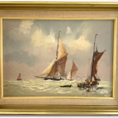 Victor William Ellis, (Vic Ellis) 1921-1984, oil on canvas painting depicting Thames Barges on the estuary. 43cm x 33cm.