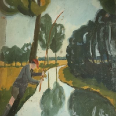 Jim page Robert&#2013266057۪s, 1925 - oil on board painting, child fishing from a tree, Monogrammed P.R bottom right corner. Some damage to corners. 56cm x 41cm.