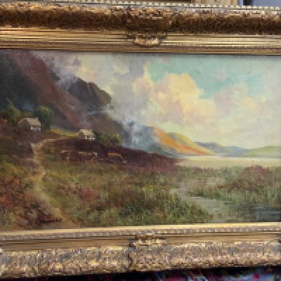 A gilt framed oil on canvas Scottish landscape, totter with a gilt Edwardian print.