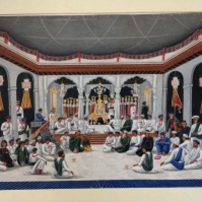 Two 19thC gouache paintings on Mica, 1 depicting the interior of a mosque at the Muharram festival, 2 depicting figures smoking a Hookah pipe with musicians. (1 framed) each 24cm x 17cm.