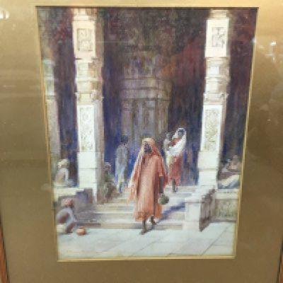 A framed watercolour of figures at a Hindu temple, signed by Emily Florence mason. Approx size 43x53cm.