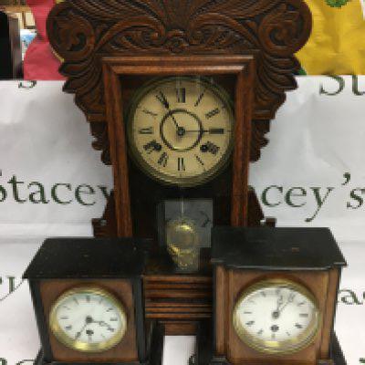 Three mantle clocks comprising an eight day mahogany cased example plus two others. Shipping category D.