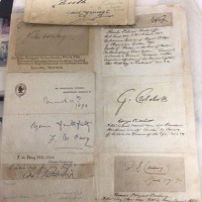 A collection of mixed used British Stamps including Victorian stamps other world stamps a collection of late Victorian and Edwardian autograph signatures including Sir Victor Alexander Haden Horsley Professor of Pathology FW Pavy MD FRS Guys Hospital and others. Other stamps and coin covers.