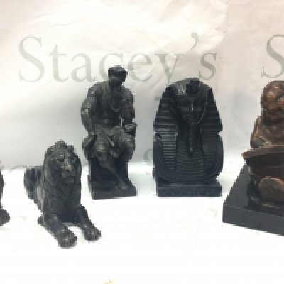 A Tutankhamen bust, lion figure, child reading book , Lorenzo di Piero de Medici figure, bronze figures desk seals. Postage category C- NO RESERVE