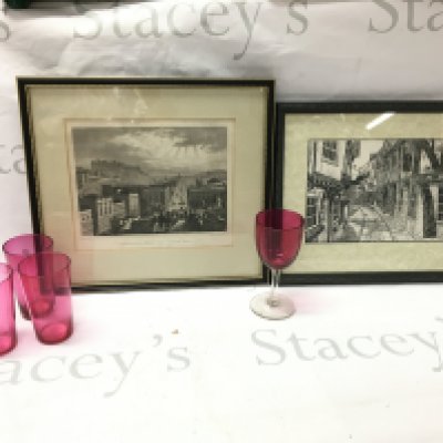 Four cranberry glasses, Framed Edinburgh engraving , From the Carlton Hill and a framed print The Shables in York. This lot cannot be posted- NO RESERVE