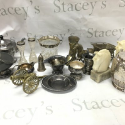 Silver plated items including a biscuit barrel, , brass shoe , cannon, horse and cart ,silver hallmarked collar small cut glass vases . This lot cannot be posted
