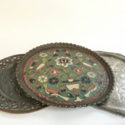 A lot of three metal items including Chrome English Viners of Sheffield silver plated alpha tray, antique pierced Persian plate , copper enamelled tray/plate 15&#2013266057۝ wide. Postage category C