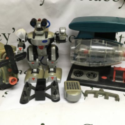 A box of toys and models comprising a robot, turbine etc. Shipping category D.