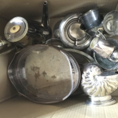 A collection of silver plate including a jugs, trays, spoon warmer etc