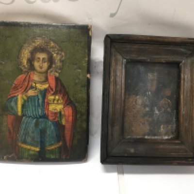 An antique Greek icon depicting Saint Panteleimon Approx 18cm wide by 24 cm tall and one other