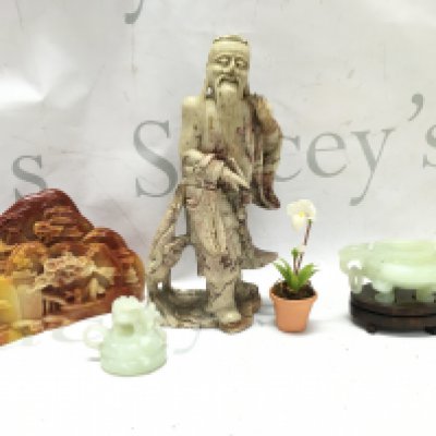 Chinese soapstone carvings including Shou La figure , carving of a temple scene , small artificial orchid plant etc. this lot cannot be posted