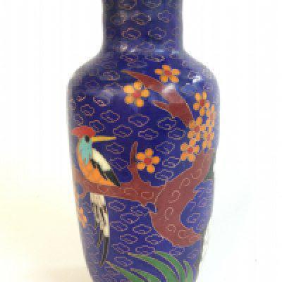 Blue Chinese porcelain cloisonne vase with a six character mark at base. , 20cm tall. Postage category B