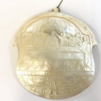 A Chinese Jerusalem large mother of Pearl shell Christ last supper carving . Postage category b