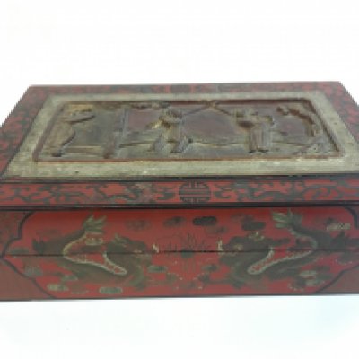 A large antique Chinese red cinnabar box , 35cm wide 10cm tall