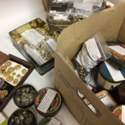 A large collection of Military buttons well presented in tins included American French Antique military buttons metal detector finds and others.