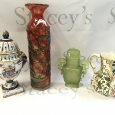 A collection of vases including a Mdina art glass vase, Masons Applique, Chinese jade urns