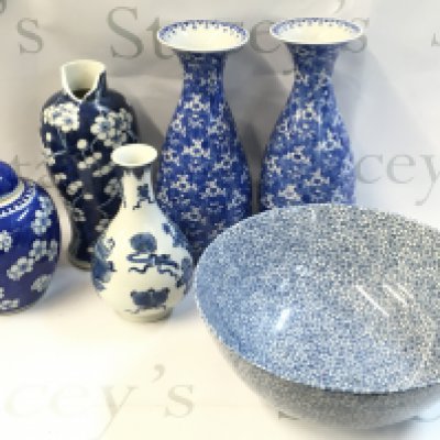 A collection of Chinese blue and white ceramics including vases, a cherry blossom ginger jar with a four character mark to base, damaged blossom vase etc
