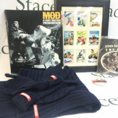 A Collection of mod related ephemera including Mod a very British phenomenon book, The Eton Rifles The jam single 7 inch vinyl, Lambretta gloves hat and scarf, The Jam button etc. NO RESERVE